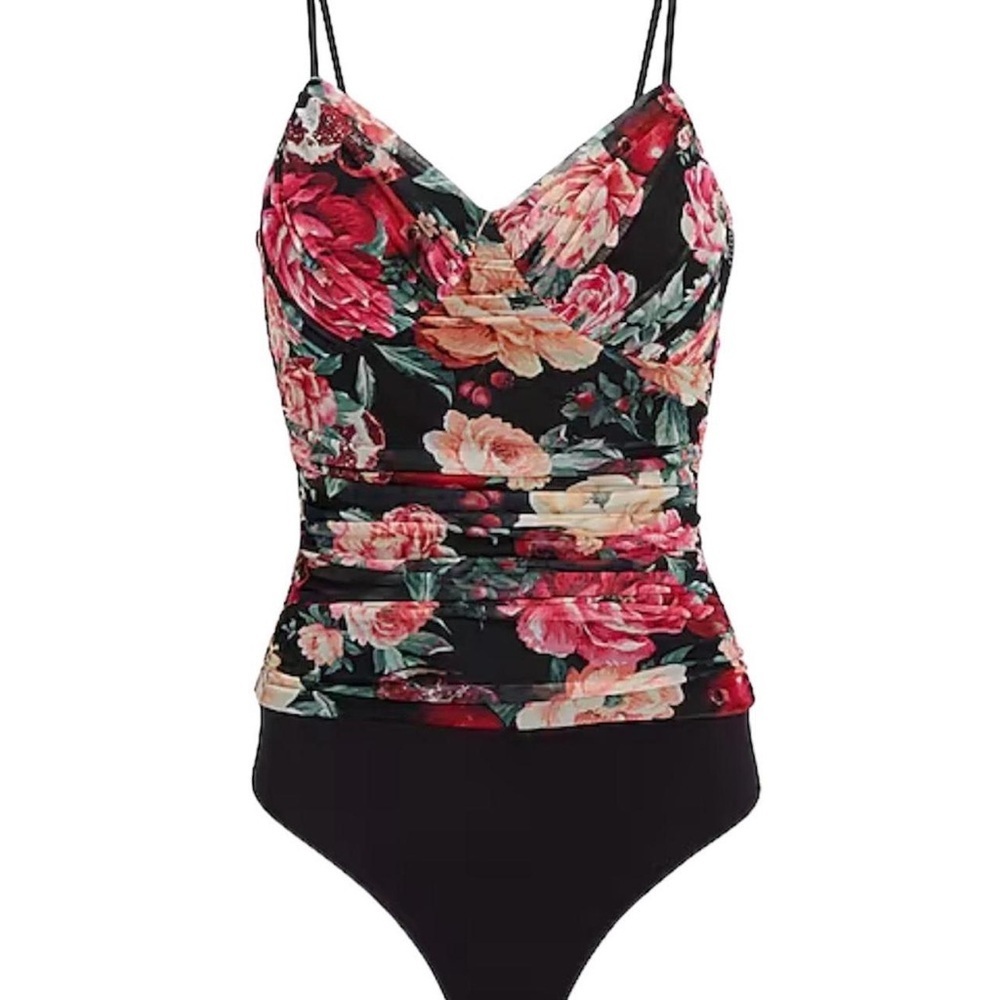 NWT Express Body Contour Floral Mesh Cami Thong Bodysuit Removable Cups
